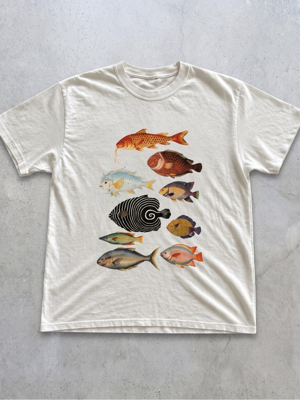 Gildan White Tee with Multicolor Fish
Graphic
